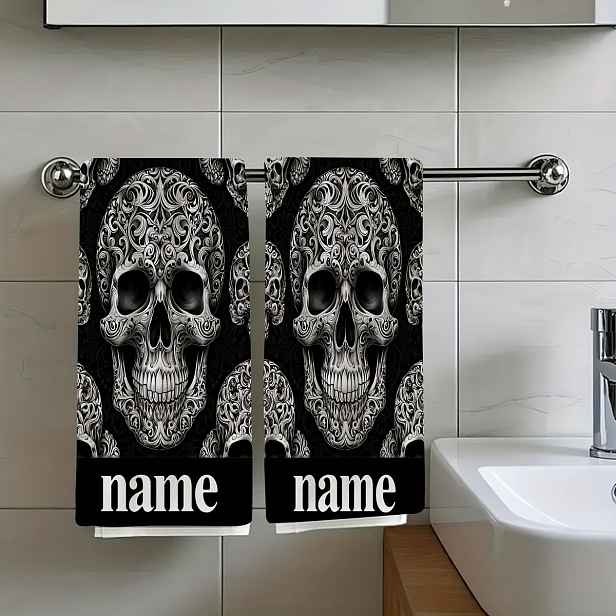 TEMU 2 kusy personalizovaných černých a bílých utěrek s designem lebky - ultra-absorpční mikrovlákno, rychleschnoucí a měkké - ideální pro Valentýna,