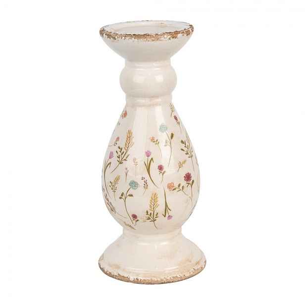 Béžový keramický svícen s kvítky Floral Cartoon L - Ø 14*32 cm Clayre & Eef