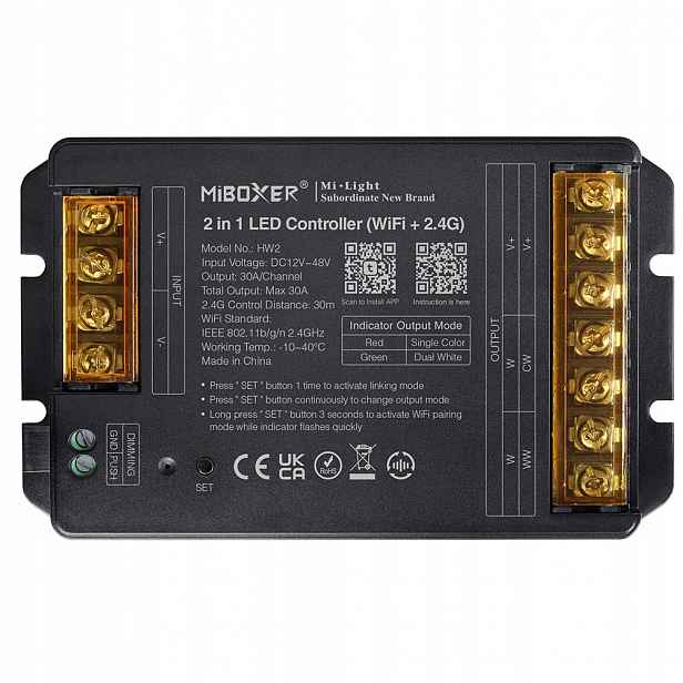 MiBoxer HW2 Led ovladač 2v1 mono/CCT WiFi+2,4GHz high current 30A 12-48V