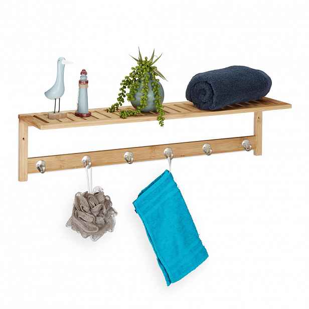 Relaxdays DRŽÁK Přírodní bambus police 6 háčků 75 cm