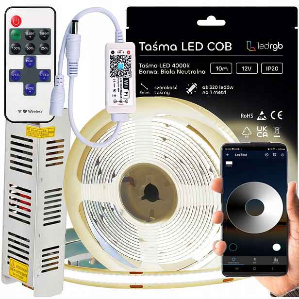 Sada Led pásků Cob 12V 10m 4000K Bílá Neutrální Napájecí Zdroj Dálkový Ovladač Wifi Apka
