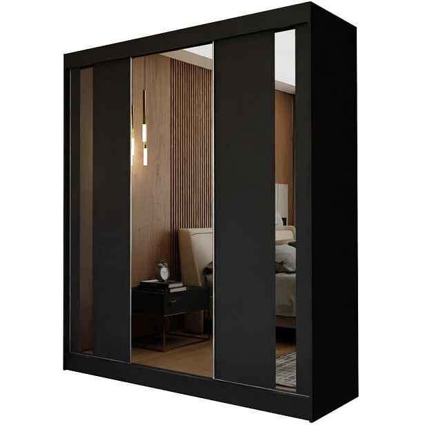 MASSENO ŠATNÍ SKŘÍŇ S POSUVNÝMI DVEŘMI GRAZIA, 180/216/61 cm 3dveřová se zrcadlem, černá