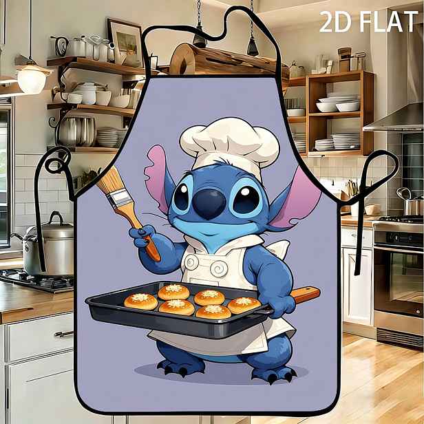 TEMU 1 ks Disney Lilo & Stitch Roztomilá kreslená kuchyňská zástěra s Stitch - Odolný polyester, nastavitelné boční zavazování, roztomilý potiskem