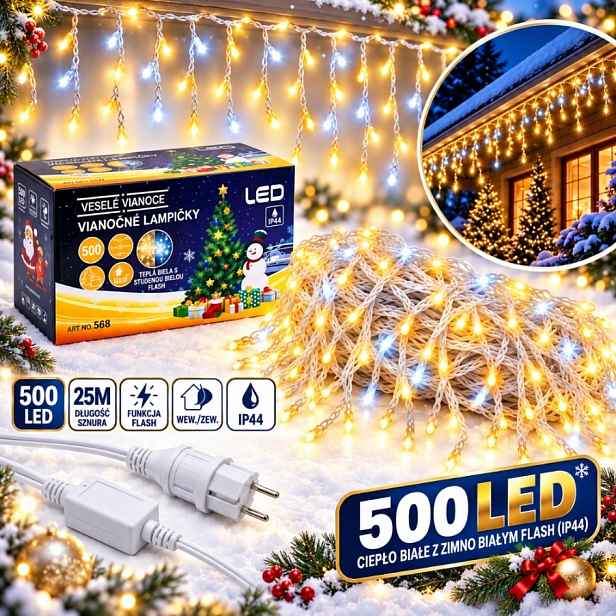 Lampičky rampouchy venkovní 500 Led 25 m teplá bílá Flash IP44