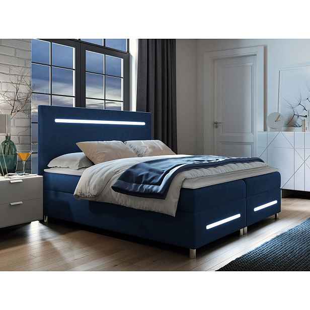 Boxspringová manželská postel 180x200 MARIELA - modrá + topper a LED osvětlení ZDARMA