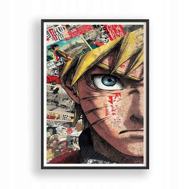 Obraz Naruto Uzumaki Collage Anime Plakát Rámeček Dřevěný Černý 30x42 cm
