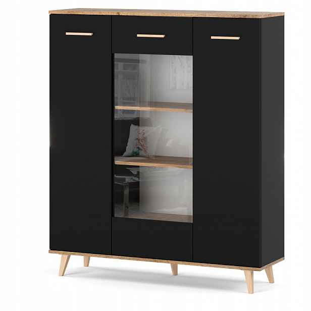 Skleněná Vitrína 120 CM Skříň Regál Komoda Do Obývacího Pokoje Černá Dub Wotan Loft