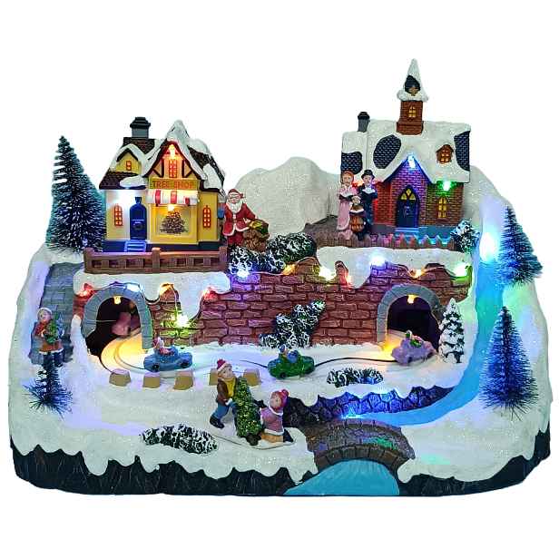 Vánoční vesnička s osvětlením a melodií – vesnička BestBerg BBXS-997 / 32,9 x 19,4 x 22,3 cm / polyresin