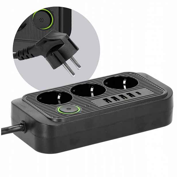 Prodlužovací Kabel Lišta 3-zásuvková 5 m s uzemněním a vypnutím 5x Usb černý