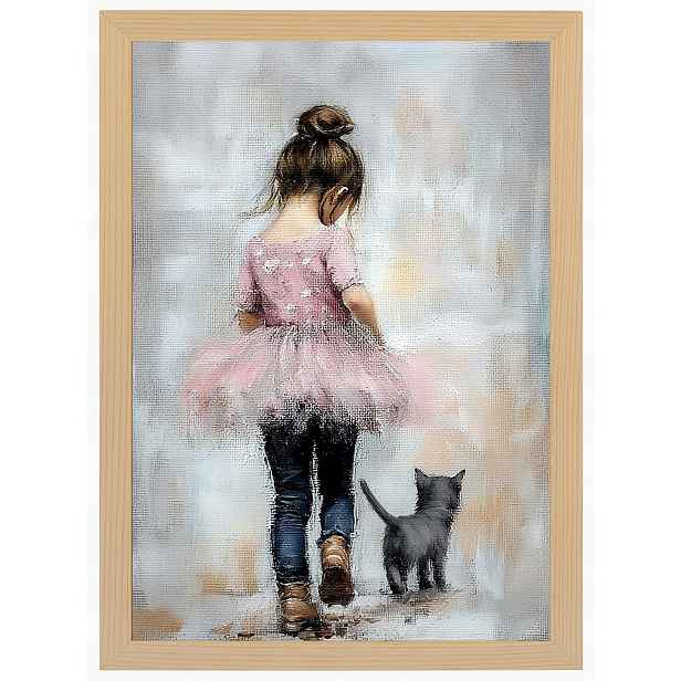 Plakát Rámeček Dřevo Dívka Růžová Princezna Kočka Procházka 60x80