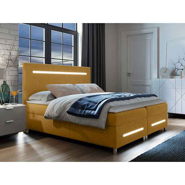 Boxspringová manželská postel 180x200 MARIELA - žlutá + topper a LED osvětlení ZDARMA