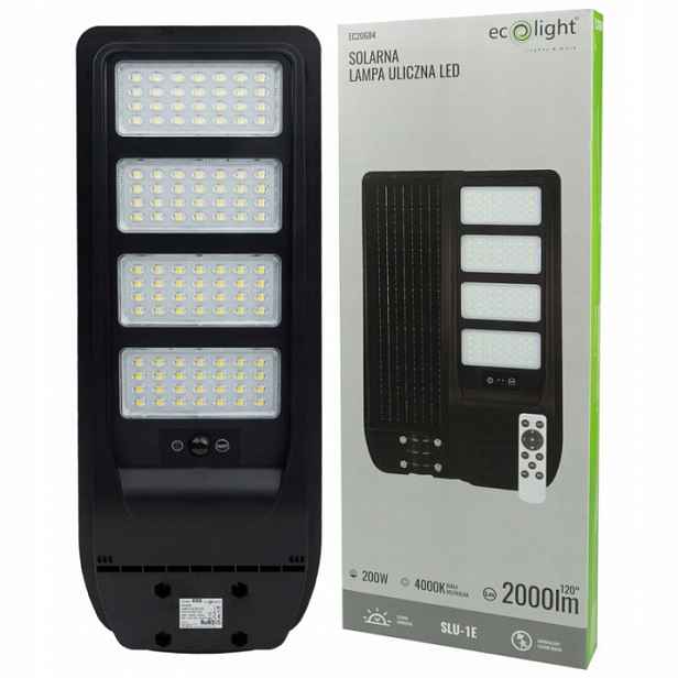 Pouliční Lampa Ecolight 200W 2000LM Solární Napájení, Senzor Pohybu IP65