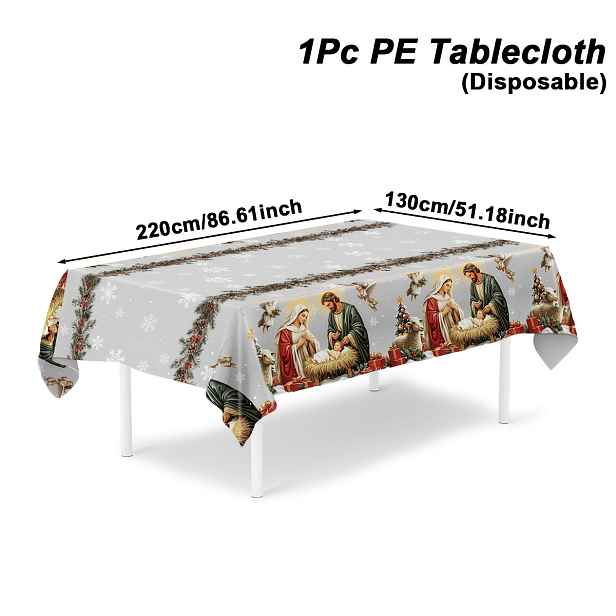 TEMU 1 ks, Vánoční PE jednorázový ubrus s betlému, 220 x 130 cm, Pokrývka stolu s výjevem Svatého narození u jesliček, Veselé Vánoční dekorace na