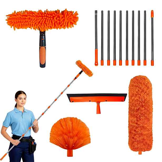 Teleskopický Mop Se 4 Čisticími Hlavicemi Pro Vysoké Stropy, Oranžový