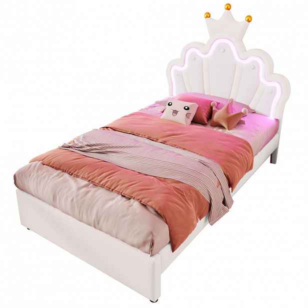 OKWISH POSTEL 90/200 cm bílá z PU a MDF s nastavitelným čelem, LED osvětlením a 2 zásuvkami