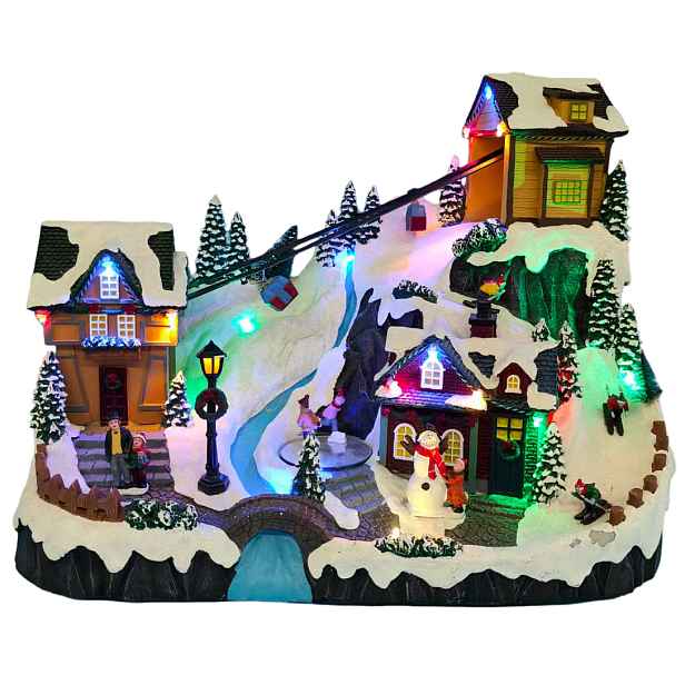Vánoční vesnička s osvětlením a melodií – lanovka BestBerg BBXS-982 / 42 x 25 x 31,5 cm / polyresin