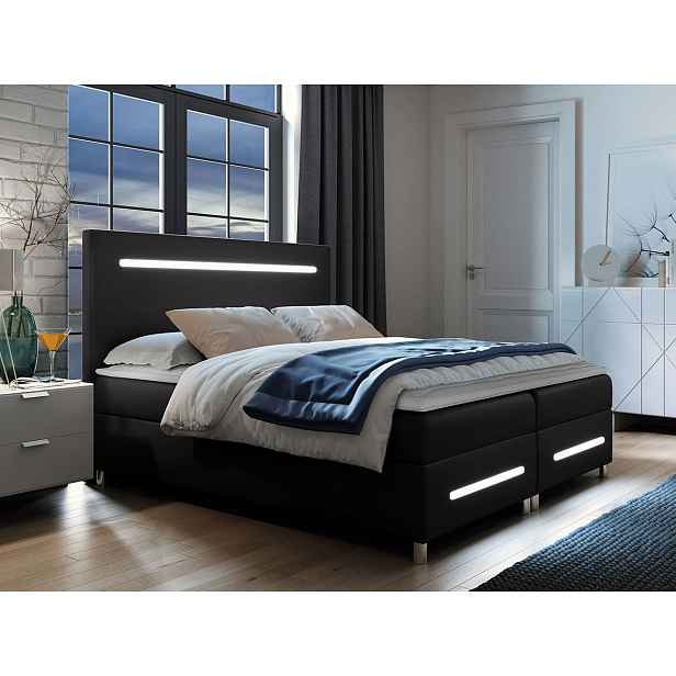 Boxspringová manželská postel 180x200 MARIELA - černá ekokůže + topper a LED osvětlení ZDARMA
