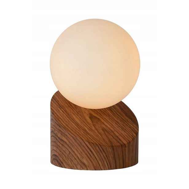 noční stolní lampa imitace dřeva, skleněná bílá koule do ložnice Lucide