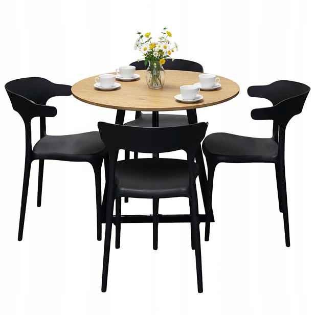 Kuchyňský Kulatý Jídelní Stůl 80 cm 4 Moderní Židle Černé Loft