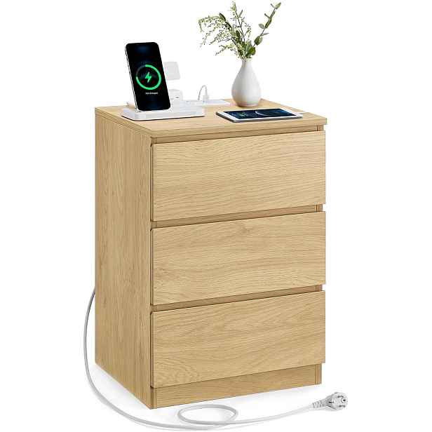 Noční stolek, stolek se 3 zásuvkami, 2 zásuvky, 2 Usb porty, béžová barva Vasagle