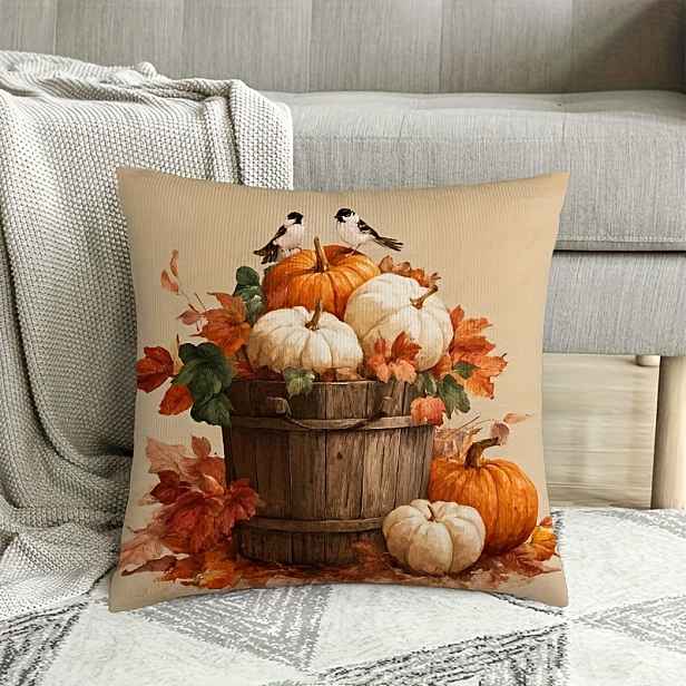 TEMU 1 ks Retro Podzimní Povlak na Polštář - Dýně, Ptáček a Design, Stylový Plyšový Potah, Měkký a Pohodlný 100% Polyester, Pratelný v Pračce, 18x18