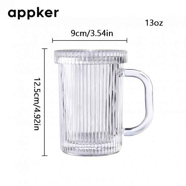 TEMU Pruhovaný skleněný hrnek na kávu s víčkem 13oz | Protiskluzový, opakovaně použitelný, ideální pro domácnost, kavárnu párty, pouze ruční mytí