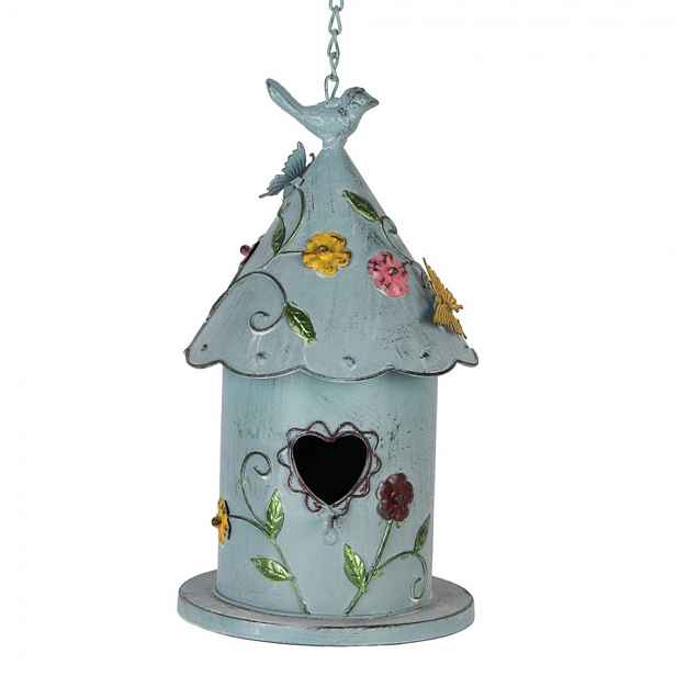 Modrá závěsná kovová dekorace ptačí budka s květy - 16*19*29 cm Clayre & Eef