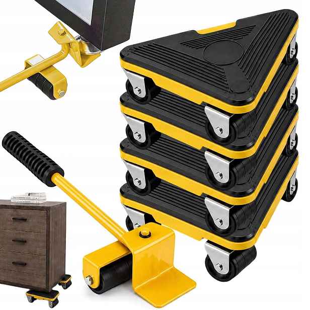 Sada Transportních Válečků Na Nábytek 4 Ks, Protiskluzová, 300 Kg, Dlouhá Rukojeť