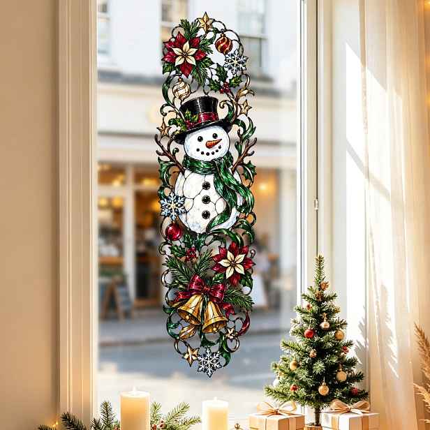 TEMU 1 ks Vánoční velká malovaná skleněná samolepka na okno Santa Claus a Sněhulák, oboustranná retro vinná lišta Santa Claus, design se vzorem