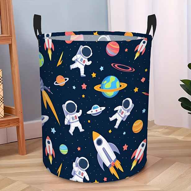 TEMU 1 ks kulatá skládací úložná organizérová krabice s designem astronauta, rakety a planety, úložný kontejner na oblečení a drobnosti, perfektní