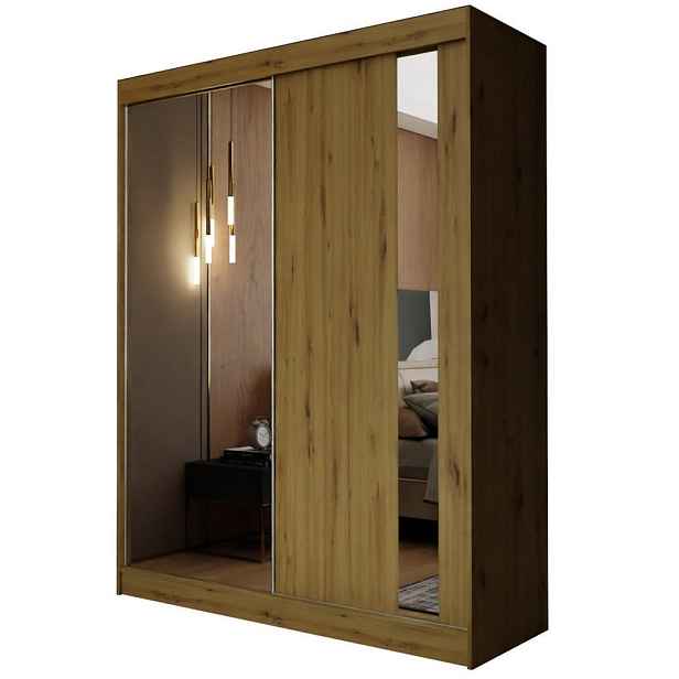 MASSENO ŠATNÍ SKŘÍŇ S POSUVNÝMI DVEŘMI GRAZIA, 160/216/61 cm 2dveřová se zrcadlem, dub Artisan