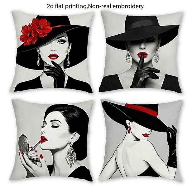 TEMU 4 ks Vintage Klobouk Červené Rty Elegantní Dáma Luxusní Styl Letní Povlaky na Polštáře, Jednostranný Potisk, Bez Vložky, Více Velikostí pro