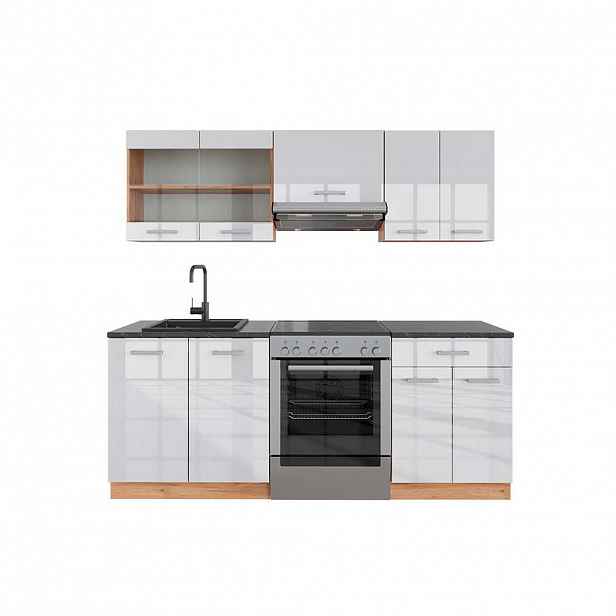 Vicco KUCHYŇSKÝ KOUT R-Line Bílý vysoký lesk/zlatý dub power 200 cm , PD Antracit