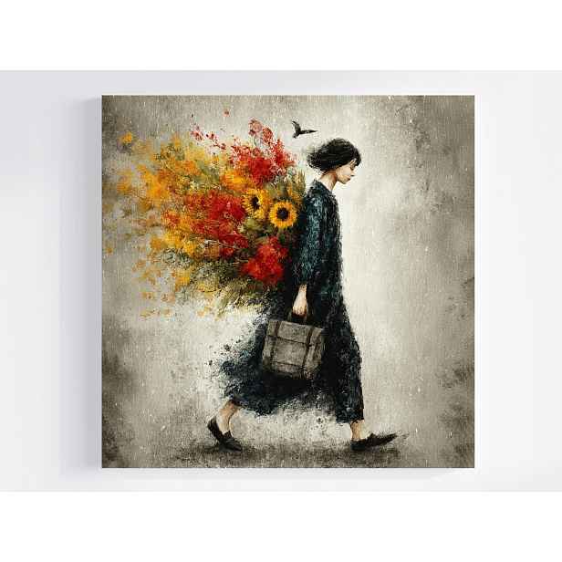 Obraz Na Plátně Canvas Portrét Žena Procházka Květiny Podzim Šedá 50x50