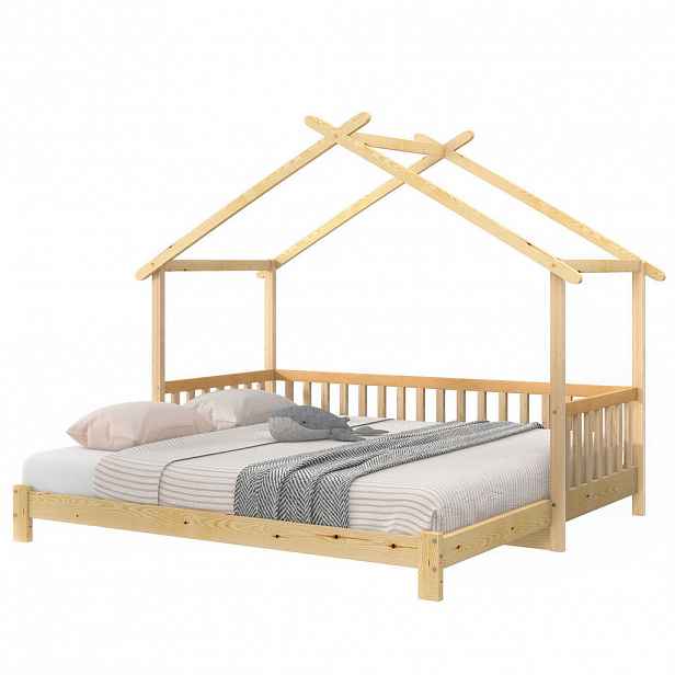 OKWISH ROZKLÁDACÍ postel domek 200/90-200/180 cm přírodní z masivu s třístranným zábradlím