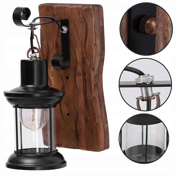 E27 Vintage industriální dřevěná nástěnná lampa