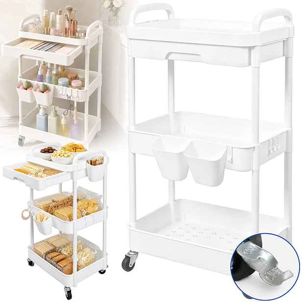 3-ÚROVŇOVÝ Multifunkční Mobilní Regál Na Kolečkách S Háčky A Kontejnery