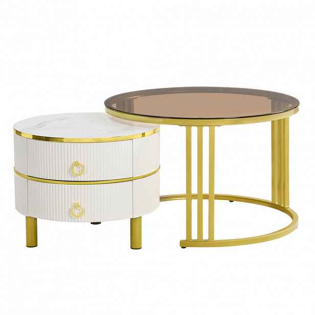 Modfu SADA konferenčních stolků z MDF a skla 70x70x45 + 50x50x40 cm bílá se 2 zásuvkami, kulatý 2dílný set