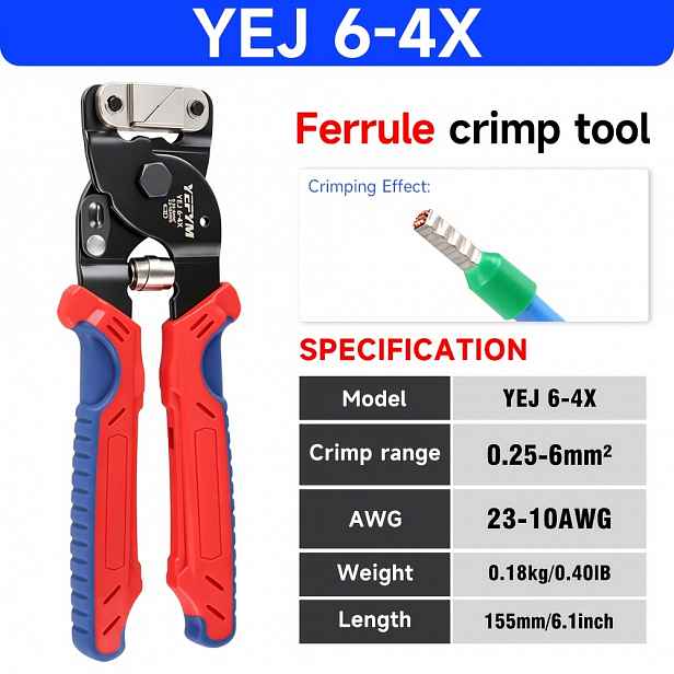 TEMU Mini krimpovací nástroj pro kování koncovek, YEJ 6-4X kompaktní krimpovací kleště 6.61 palce pro 0.25-6 mm² (23 AWG) elektrické vodiče