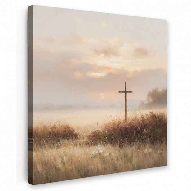 MuchoWow OBRAZ NA PLÁTNĚ Tráva - Ranní mlha - Kříž - Křesťanství 20x20 cm