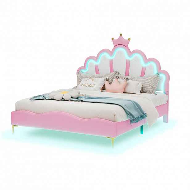 OKWISH POSTEL 140/200 cm růžová z PU kůže s LED osvětlením a korunkovým čelem