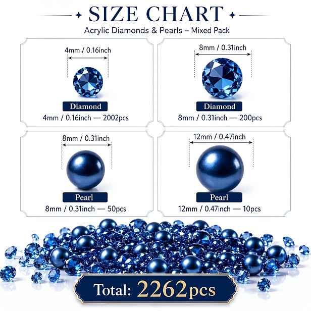 TEMU 2262 ks, Modré umělé diamanty, Křišťály pro tvoření, Drahokamy pro řemesla, Nehtové umění, Výplň váz, Dekorace na stůl, Průhledné výplně váz pro