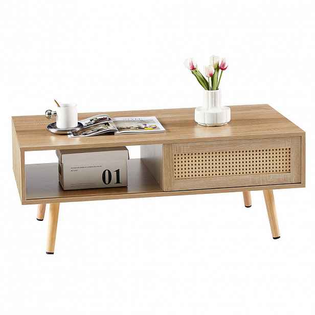 Modfu KONFERENČNÍ stolek z MDF 105x55x40 cm přírodní s ratanovými posuvnými dvířky a úložným prostorem