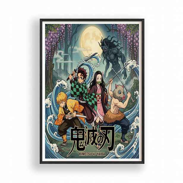 Obraz Demon Slayer Kimetsu no Yaiba! Plakát Rámeček Dřevěný Černý 30x42 cm