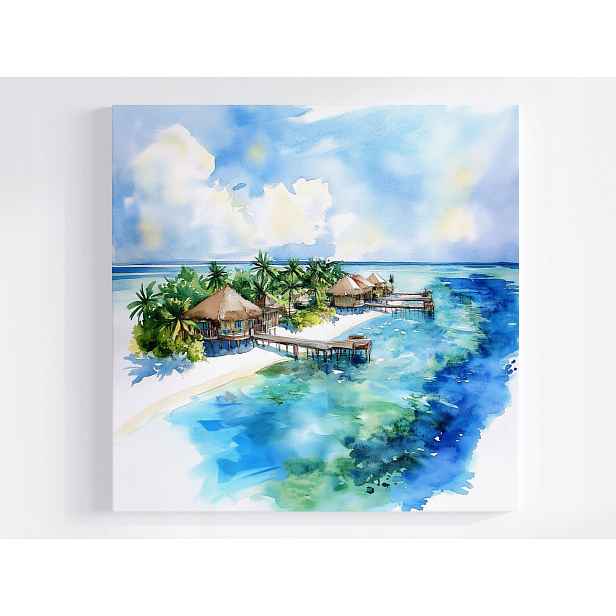 Obraz Na Plátně Canvas Exotický Ostrov Oceán Chatky Palmy Maledivy 50x50