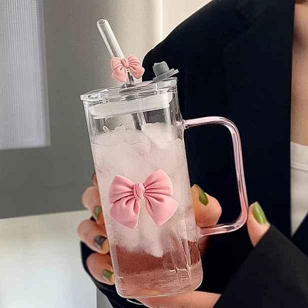 TEMU 1ks KAPLAN 400ml/14,07oz Skleněný hrnek na vodu, vysoce estetický tepelně odolný nový design ve stylu brčka pro ženy v létě, kancelářský čajový