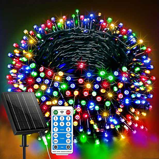 TEMU Venkovní solární řetězové světla 300 LED 95 stop 2400MA extra dlouhý řetěz pohádkových světel stmívatelný s 8 světelnými režimy s C-tvarovanými