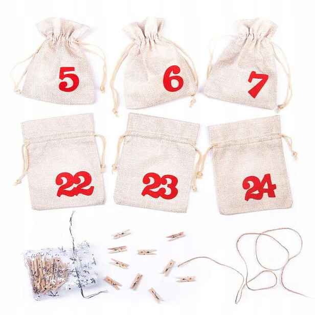 Adventní kalendář sada 24 prázdných sáčků s čísly, girlanda, dekorace