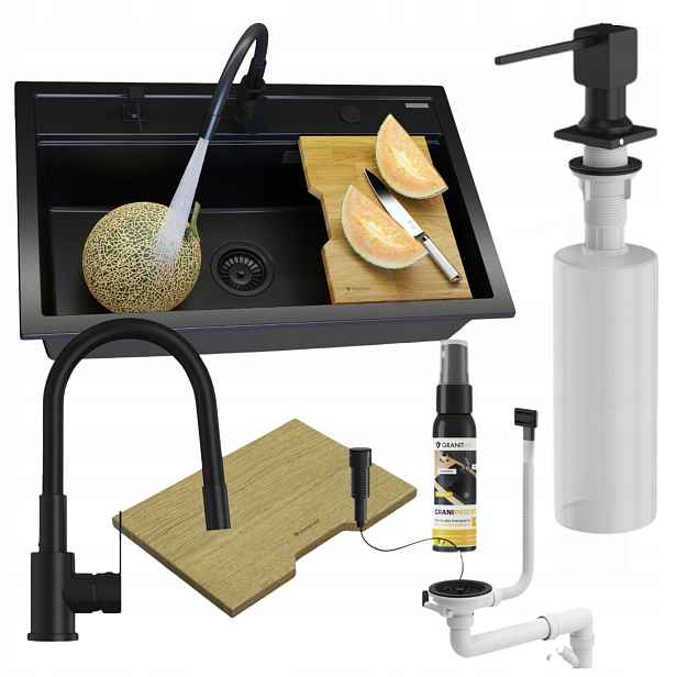 Dřez Asti granitový černý jednokomorový Set baterie Grado+ sifon