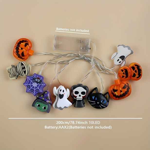 TEMU 1 ks, Smíšené Styl Dýňová Čarodějnický Řetěz Světla, Halloweenská Dekorace, 199.95Cm 10ks LED Korálků, Napájení na Baterie, Osvětlení Ložnice,